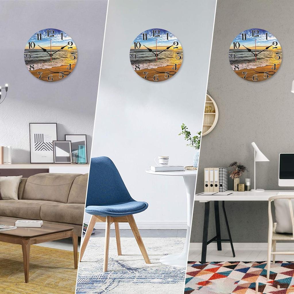 TAHEAT Beach Waves In The Sunset Wall Clock, Silent Non Ticking Battery Operated Clocks, Easy To Read Decorative Wall Clock for