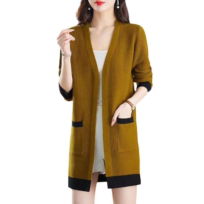 New women's medium and long v-neck sweater jacket autumn and winter new thin fashion knitted cardigan shawl