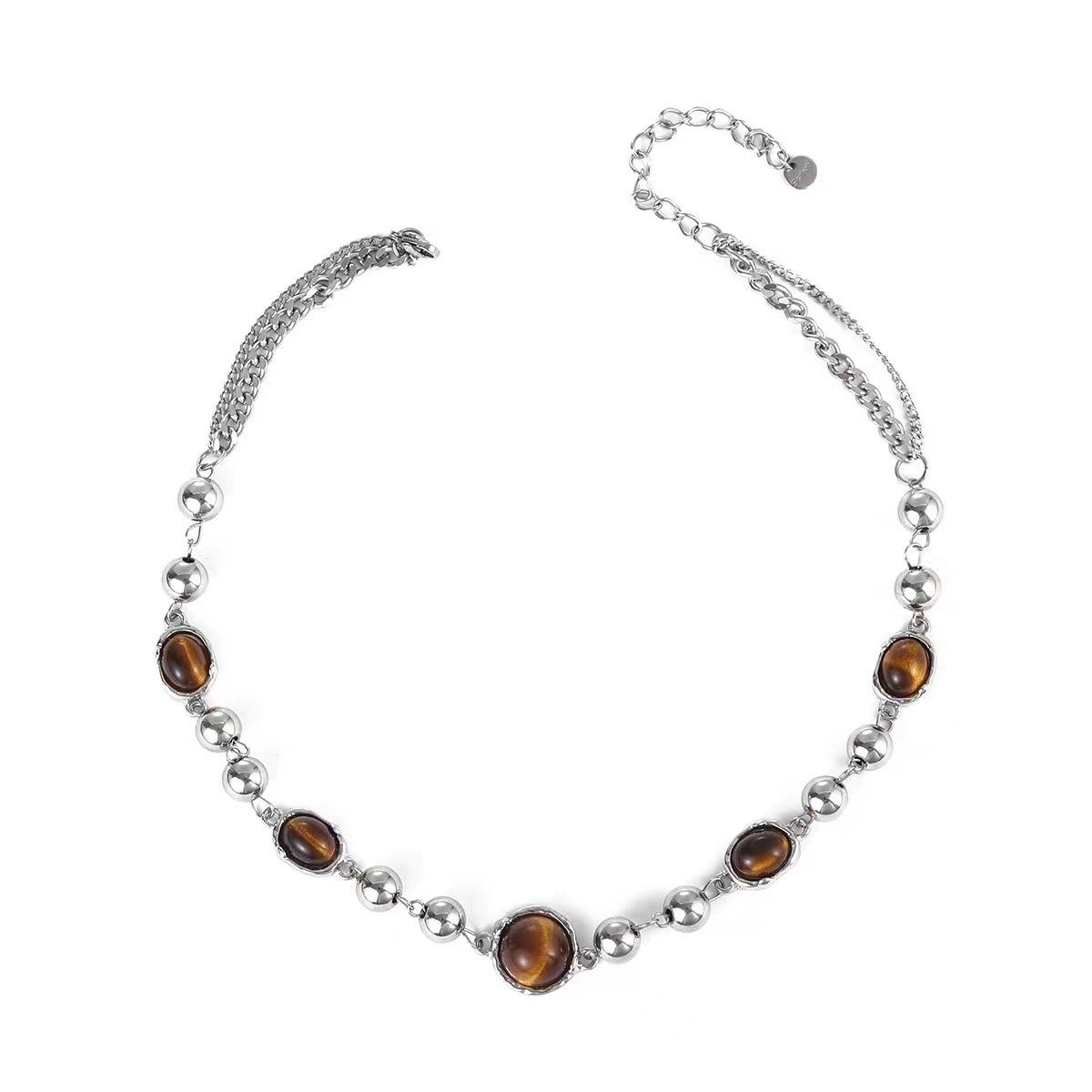 Maillard Tiger s Eye Stone Necklace Light Luxury Niche French Retro Clavicle Chain New Neck Chain