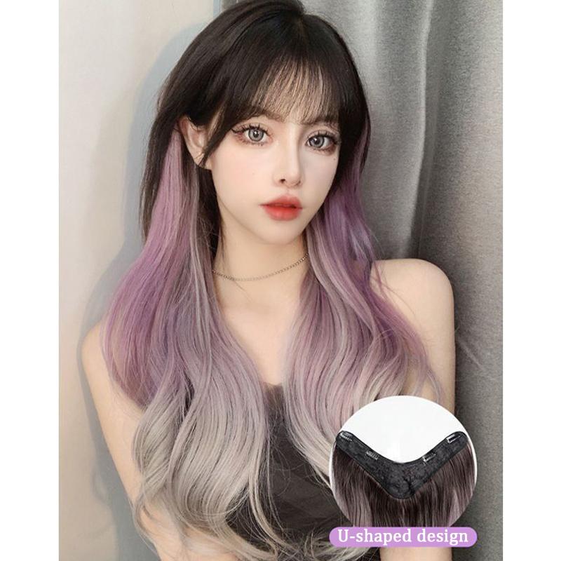 Gradient Wig Piece Dyed One Piece V-shaped Seamless Purple Gray Wig Piece Female Synthetic Clip Wig Suitable for Anyone