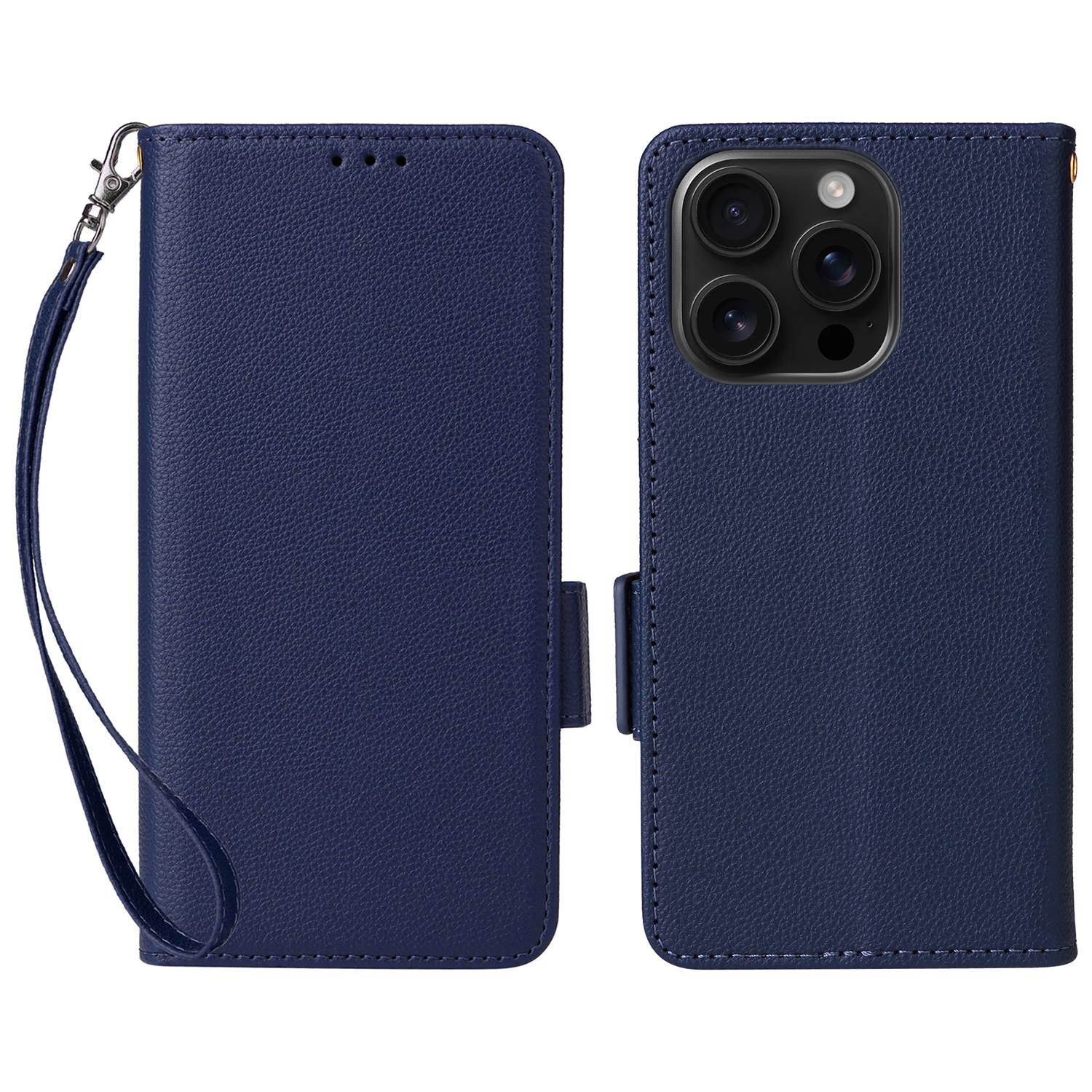 

For iPhone 16 Pro Max Case with Wrist Strap Litchi Texture PU Leather Wallet Phone Cover Dark Blue