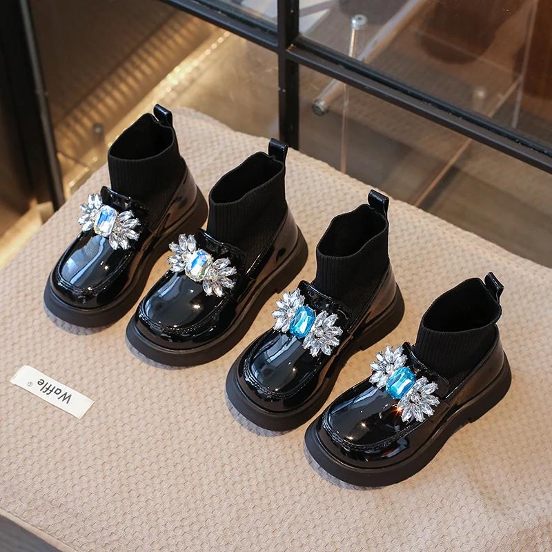 Rhinestone Girls Shoes Children's Leather Boots Autumn Winter Baby Fashion Anti-Slippery Rubber Sole Footwear Zapatos De Niña