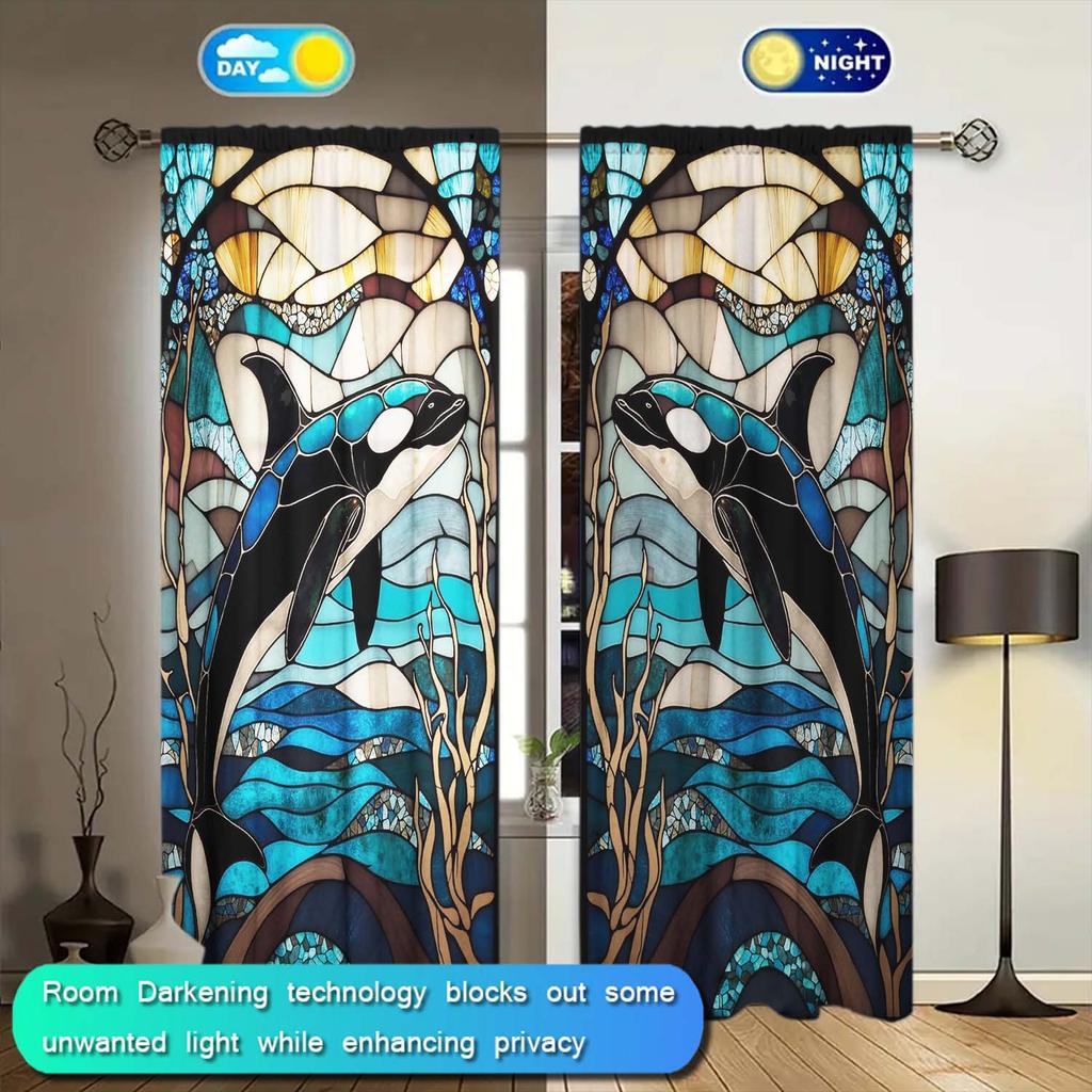 2 Panels Ocean Glass Killer Whale Pattern Curtains   Distinctive Printed Curtains   Suitable for Gifting To Family and Friends