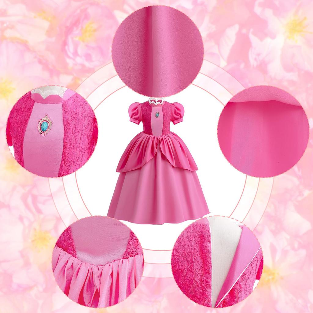 Formemory Princess Peach Dress, Kids' Princess Cosplay Dress, Princess Outfit, Costume, Recital Dress, Kids Dress, Crown, Gloves, Magic Wand,