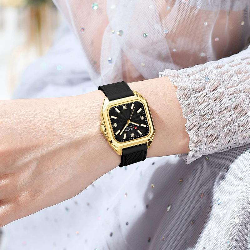 CURREN Elegant Women's Watches Luxury Women's Fashion Quartz Watches Silicone Band Square Dial Watches Ideal Gift for Women