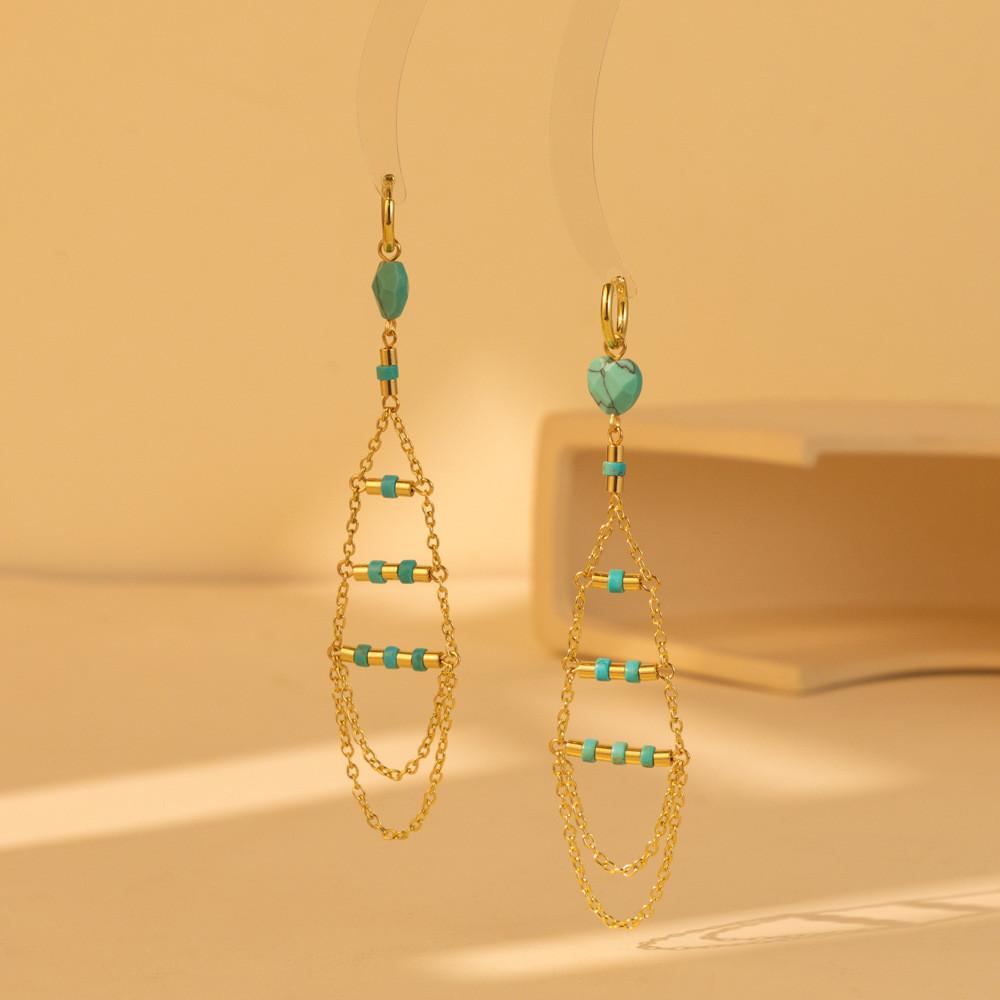 Gold Elegant Natural Stone Earrings With Trendy Fringe And Detail Chain