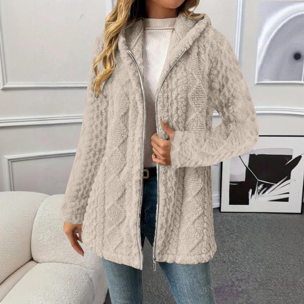 Damen Modische Einfarbige Langärmlige Lockere Kapuzen-Plüschjacke mit Reißverschluss