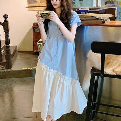 Casual Korean Short Sleeve Long Dress Summer Basic Patchwork Female Clothing Fashion Asymmetrical Loose O-Neck Button Dresses