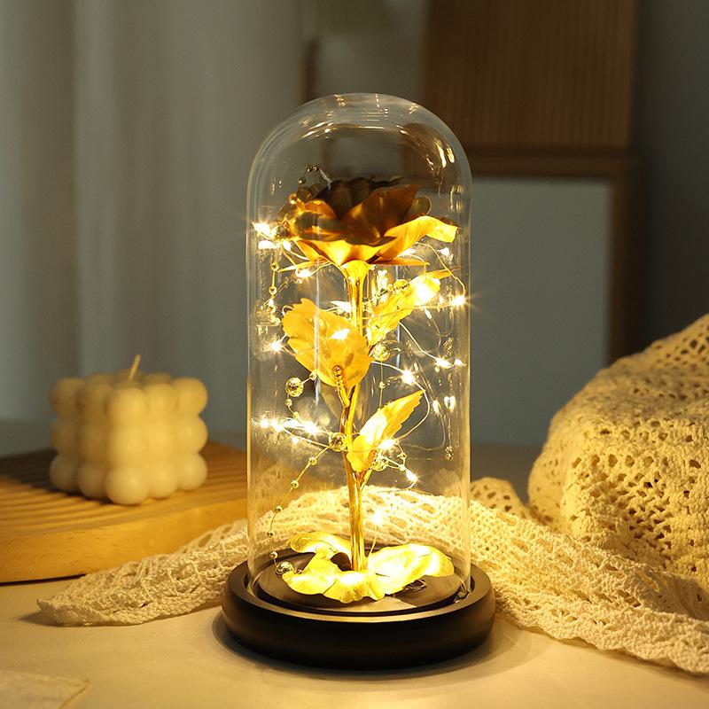 Gold Foil Rose Glass Lampshade Ornament with Gold Beads - Preserved Flower Gift for Birthday or Confession