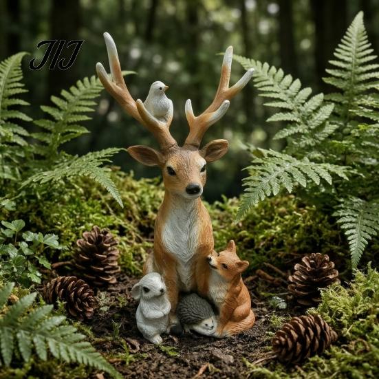 Lebensechte Harz-Wildtierstatuen Waldhirsch Kleintierstatue, Elchfigur mit Kaninchen Igel Fuchs Figuren Igel, Wasserdicht für Außenbereich