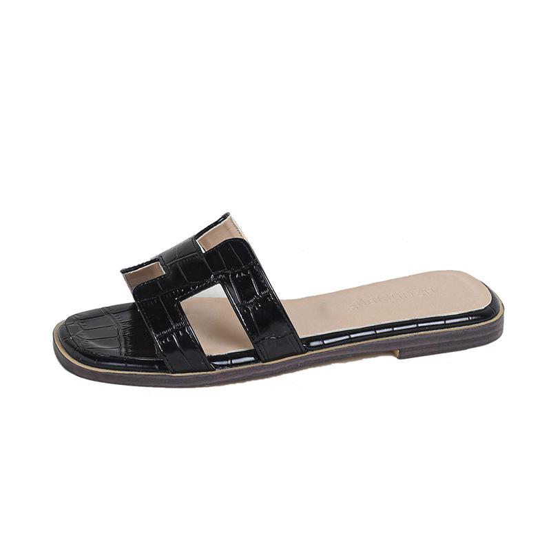 

Тапочки с крокодиловым узором женская уличная обувь 2025 новая летняя мода универсальная плоская подошва пляжные дорожные сандалии 43 чёрный