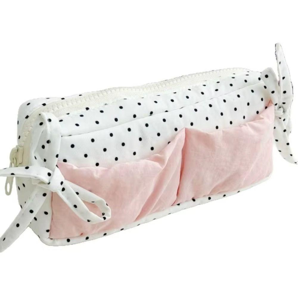 White With Pink Student Pencil Box Simple and Niche Bow Pencil Case Makeup Storage Bags