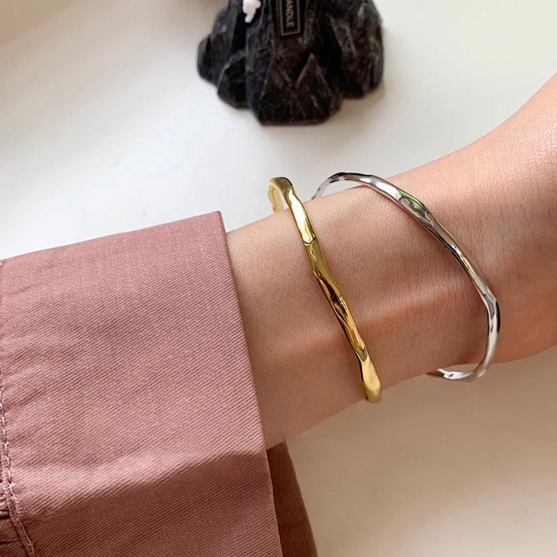 925 Silver Bangle Bracelet Golden Smooth Twist Irregular Punk Stackable For Woman Girl Jewelry Gift Dropship