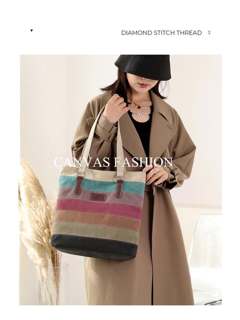 Retro Color Block Canvas Shoulder Bag – Large Capacity Women's Handbag