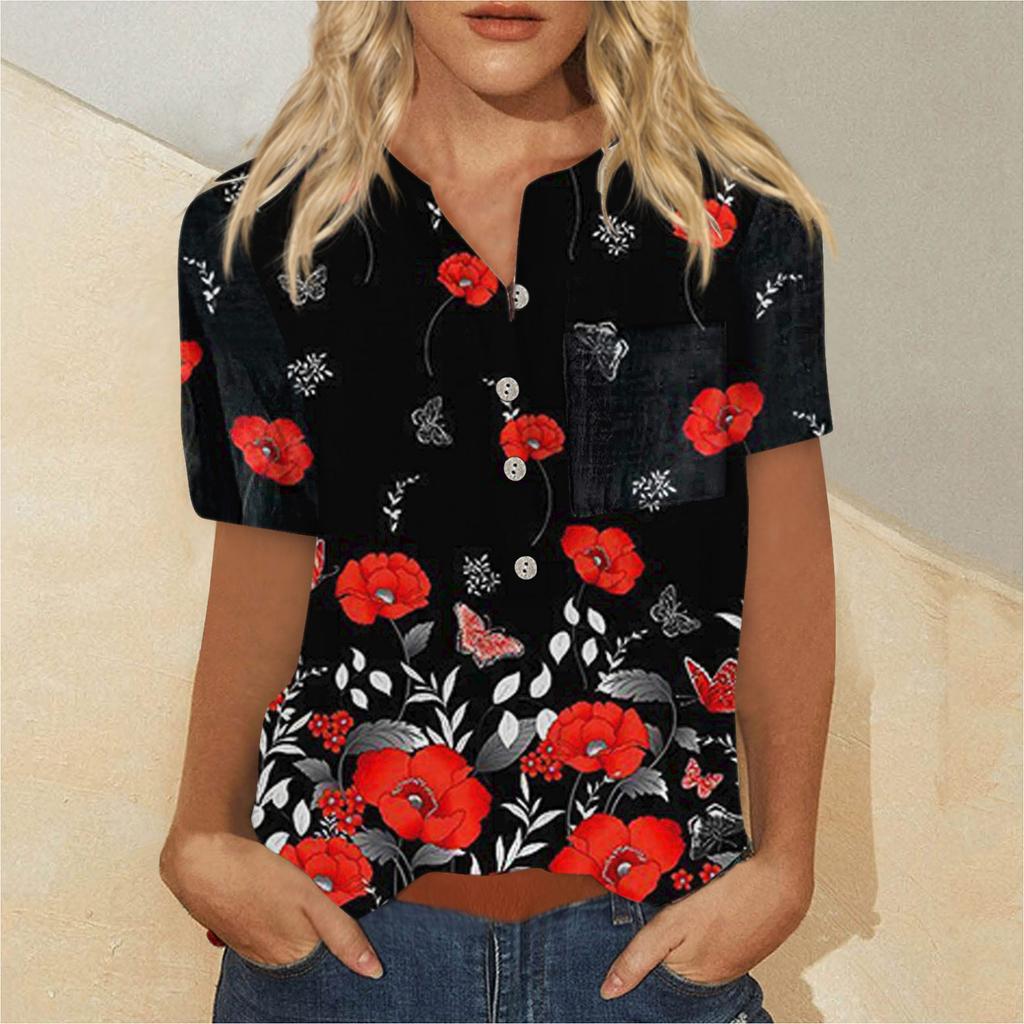 Women's Fashion Printed Pattern Button Down Chest Pocket Short Sleeve Shirt