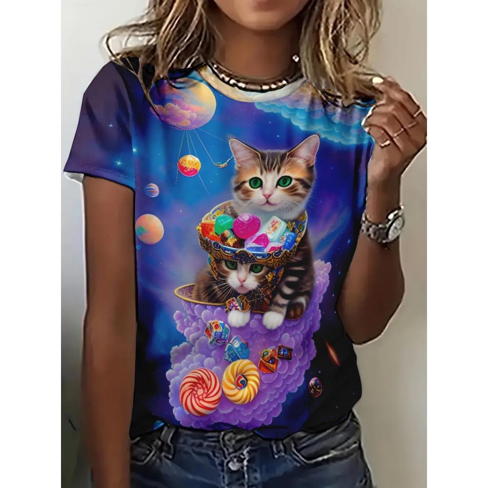 Dámské 3D Kočka Kawaii Potisk Topy Pro Ženu Módní Ležérní Harajuku Roztomilé Dámské Oblečení Léto Nové