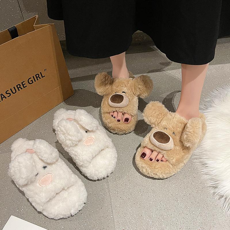 Plush ear-moving cute plush home slippers autumn and winter new casual versatile one-word fish mouth women's cotton shoes