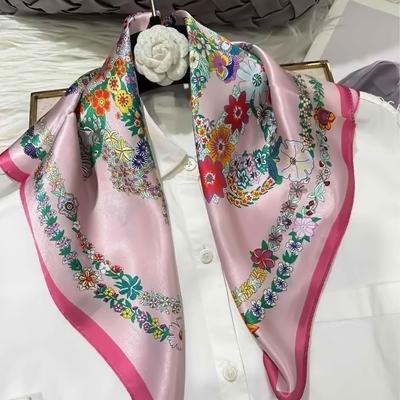 Roze Dames 100% Moerbeizijde Sjaal Voor Haar Hoofddoek Lente Luxe Bloemenontwerp Satijn Kleine Zijden Vierkante Sjaaltjes Neckerchief