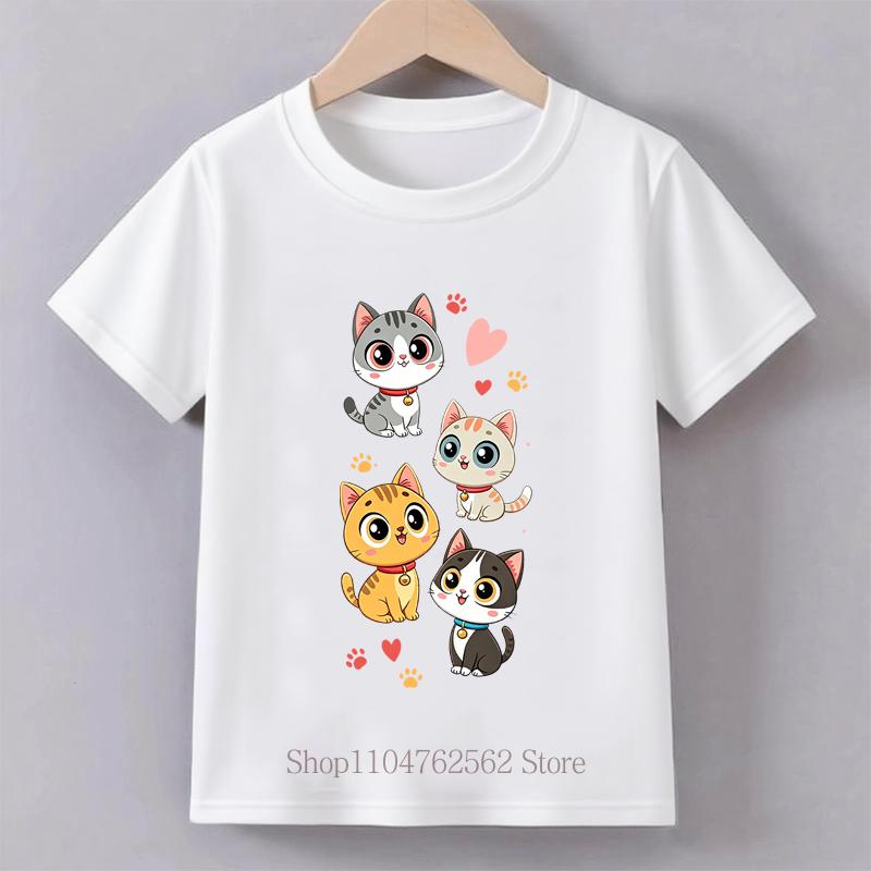 Four Cute Cats Print Tshirts for Girls Summer Casual Fashion Kids Colorful Comfortable Tops Children ONeck Short Sleeve Tees
