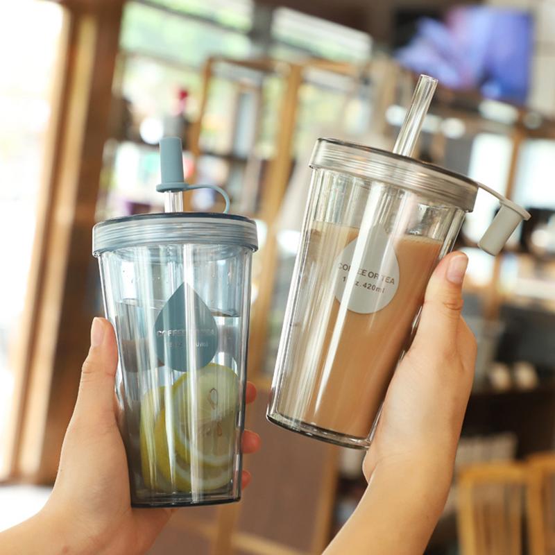 Glitzerbecher Wasserflasche für Mädchen Doppelschichtige Plastik-Trinkgefäße mit Strohhalm Wasserflaschen für Schulbedarf Camping