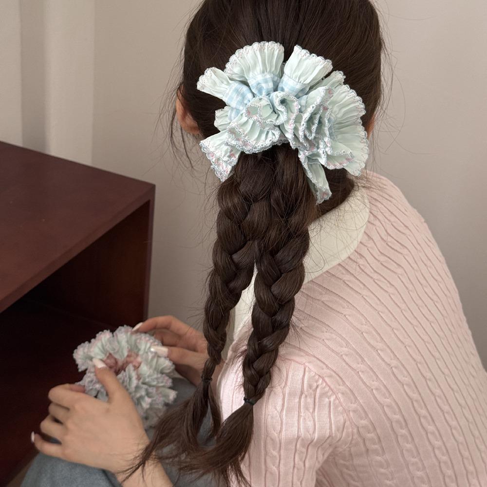 Sweet Large Lace Hair Tie Elastic Exaggerated Hair Ring Creative Plaid Scrunchies  Girls