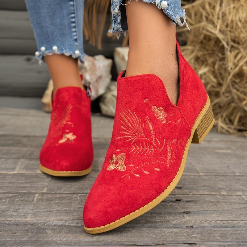 UMIK Women'S Vintage Embroidered Ankle Boots - Pointed Toe Low Heel with Side Zipper, Breathable Cut-Out Design, Lightweight Fabric Upper