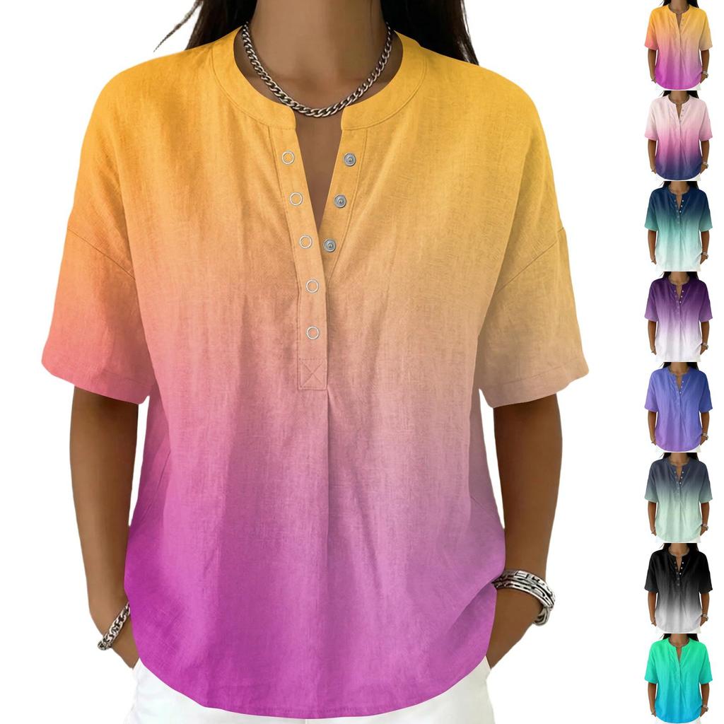 Women Short Sleeve Pullover Blouse V Neck Button Front Casual Loose Fit Lightweight Summer Top