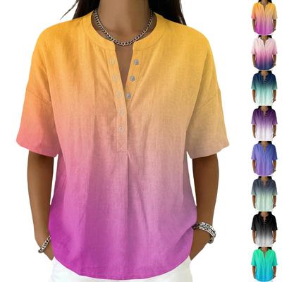 Women Short Sleeve Pullover Blouse V Neck Button Front Casual Loose Fit Lightweight Summer Top