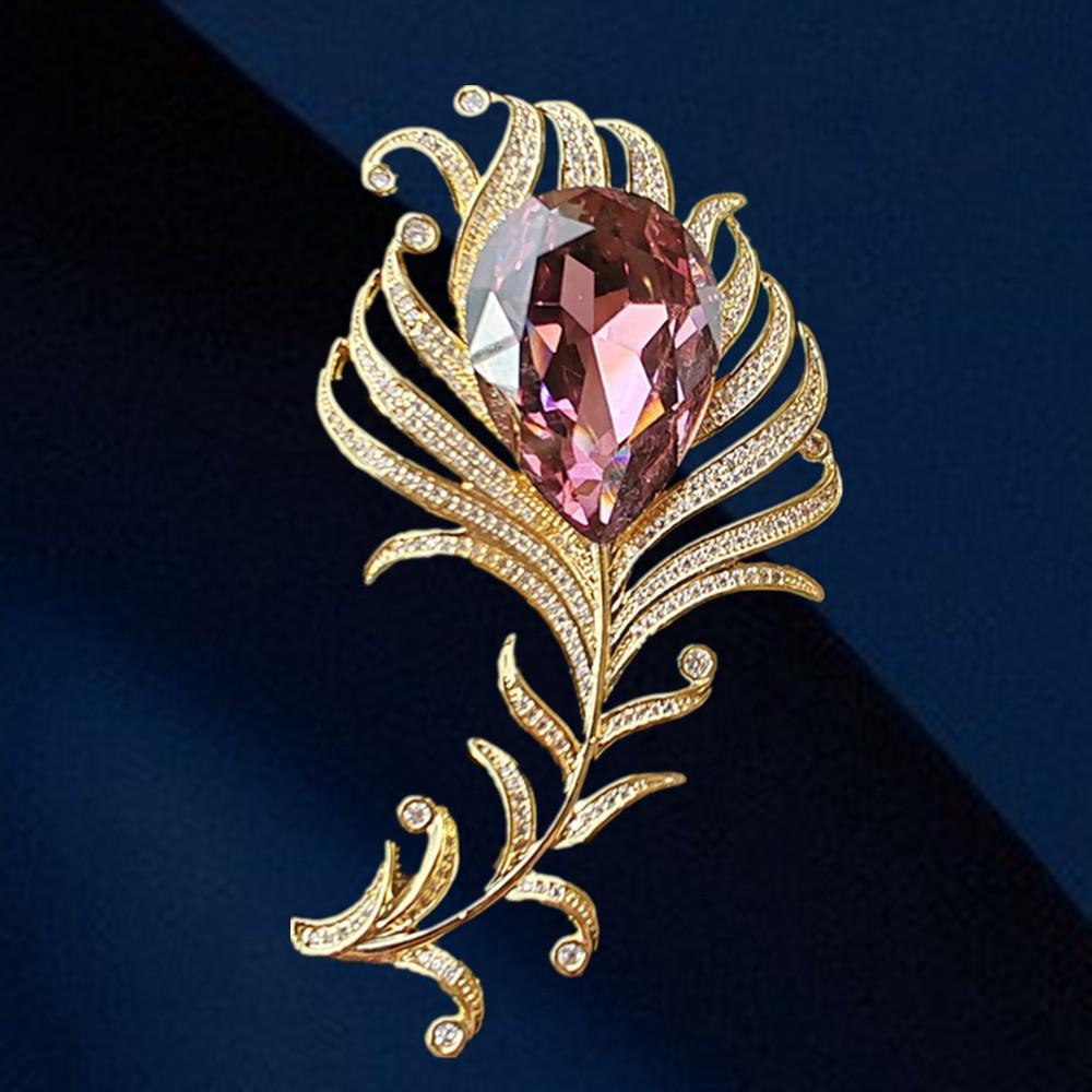 

Брошь-перо с инкрустацией цирконами: Элегантный осенне-зимний женский модный ювелирный аксессуар