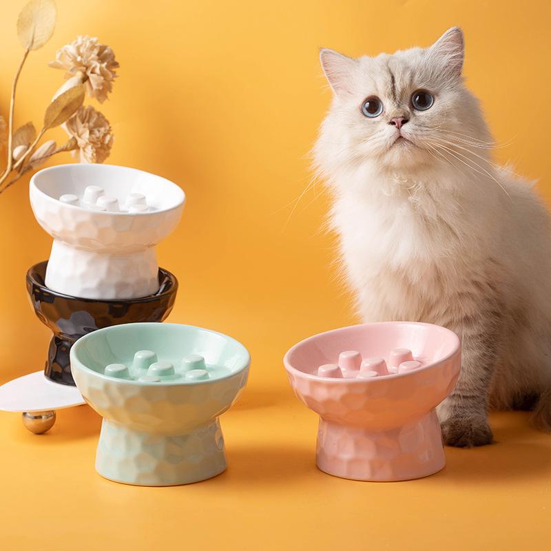 1pc Cat Bowl Ceramic High Footed Slow Food Anti Knock Slanted Mouth Neck Protection Pet Cat Dog Rice Bowl