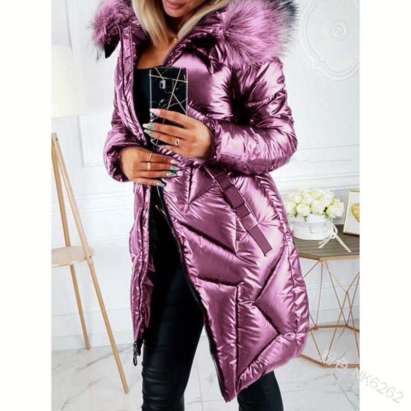 European & American Mid-Length Shiny PU Fur Collar Slim Fit Cotton Jacket 2024 - Fashionable, Warm Coat for Women.
