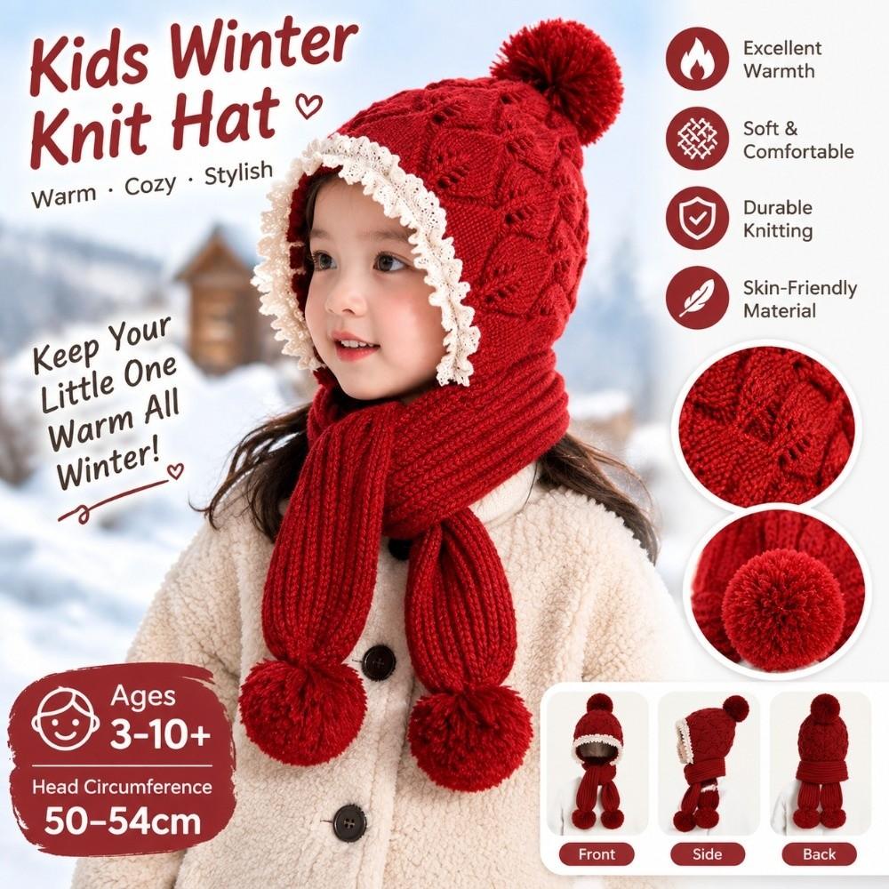Lace Trim Integrated Winter Set Windproof Earflaps Winter Hat Soft Knitted Hat Scarf Set For Girls