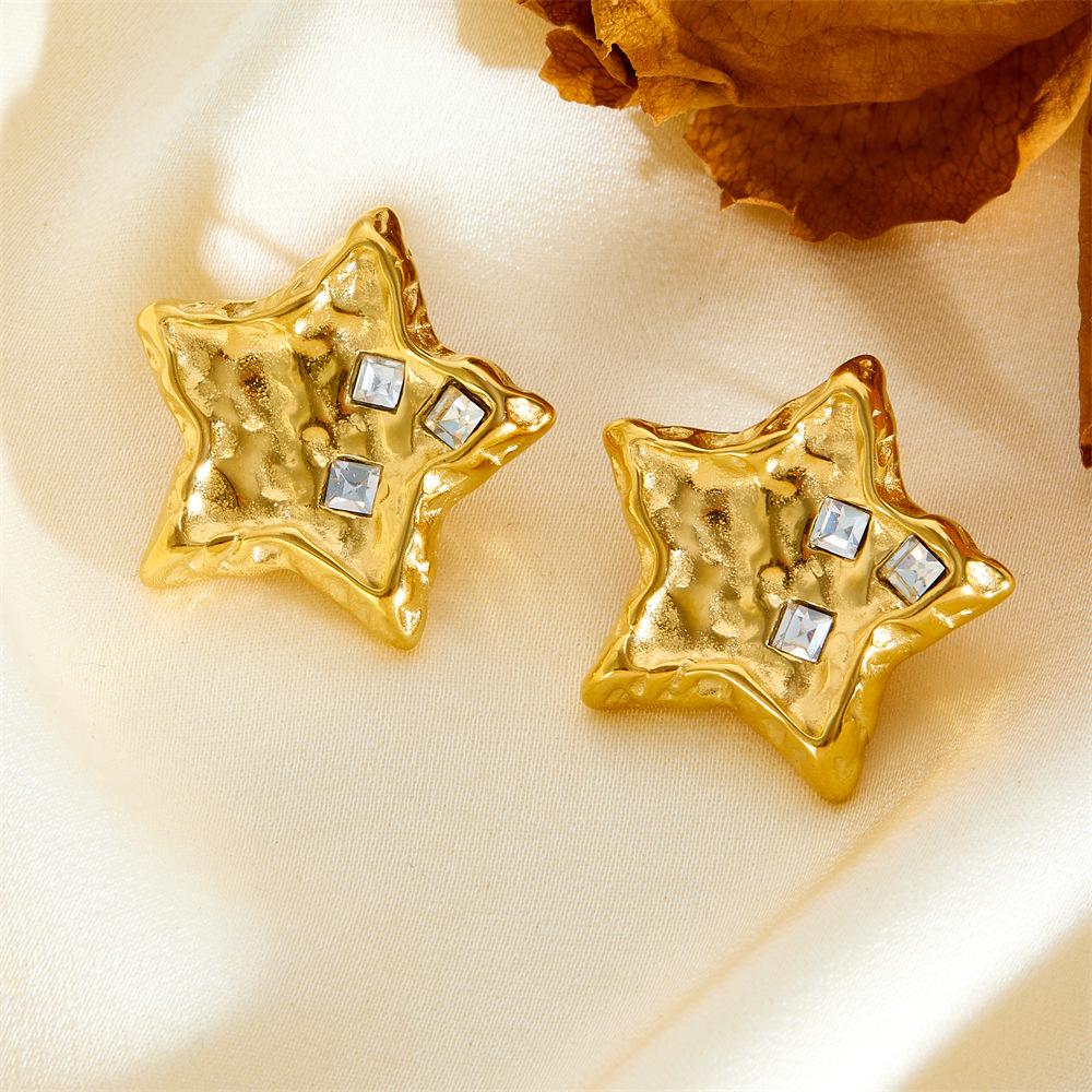 Femininity Gold Personalized Wind Stud Earrings Light Luxury High-end Earrings Stainless Steel Diamond-encrusted Five-pointed Star Earrings