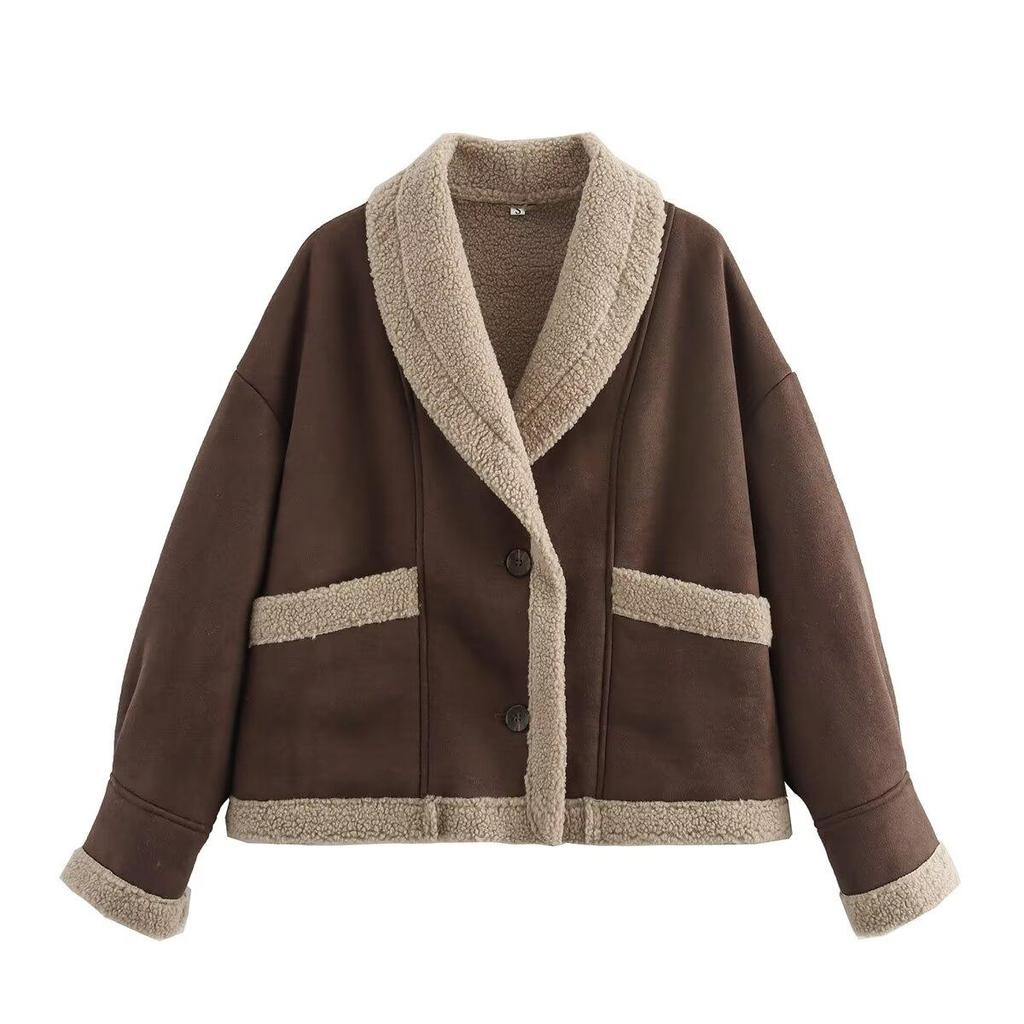 Kurtka damska vintage z polaru z kieszenią, swobodna, z długim rękawem, damska, jesienna, ciepła, gruba, elegancka, uliczna, szykowna