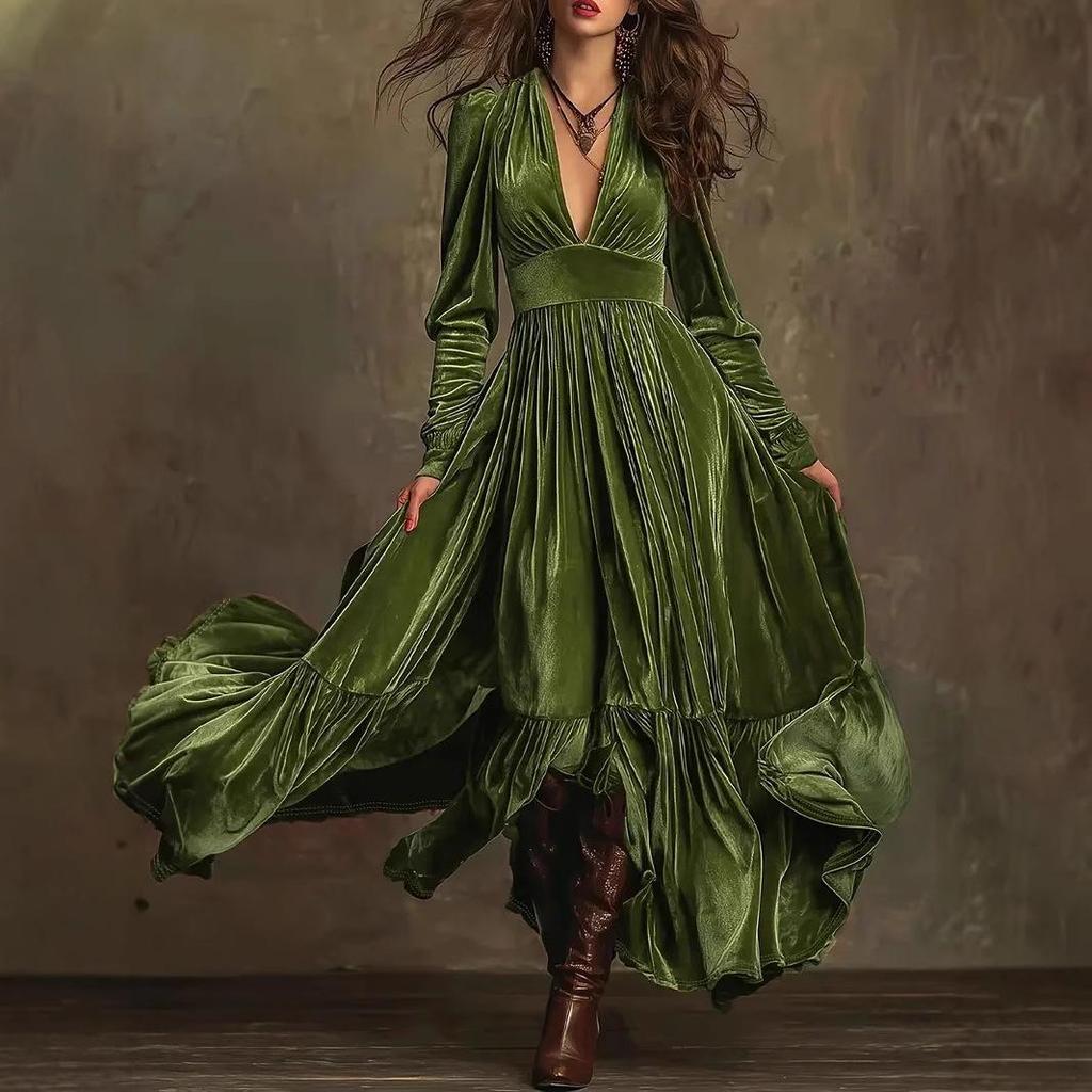 Vestido Elegante Retro de Terciopelo con Escote en V Profundo de Manga Larga hasta el Suelo de Corte A