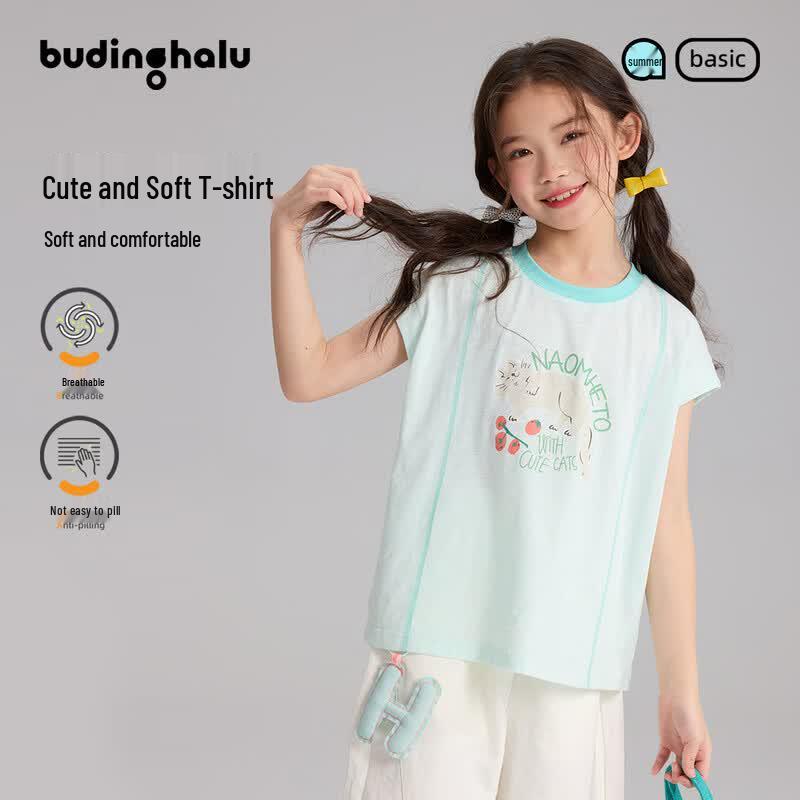 Pudding Haru Girls  100% Cotton Cartoon Print T-Shirt 130