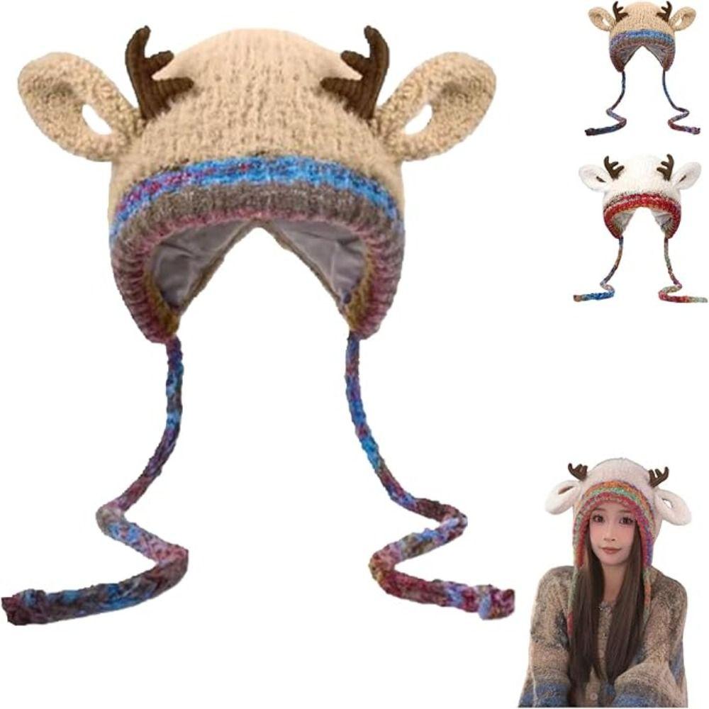 Plush Fur Knitted Deer Antler Hat Windproof Festival Christmas Antler Hat New Ear Flap Hat  Outdoor