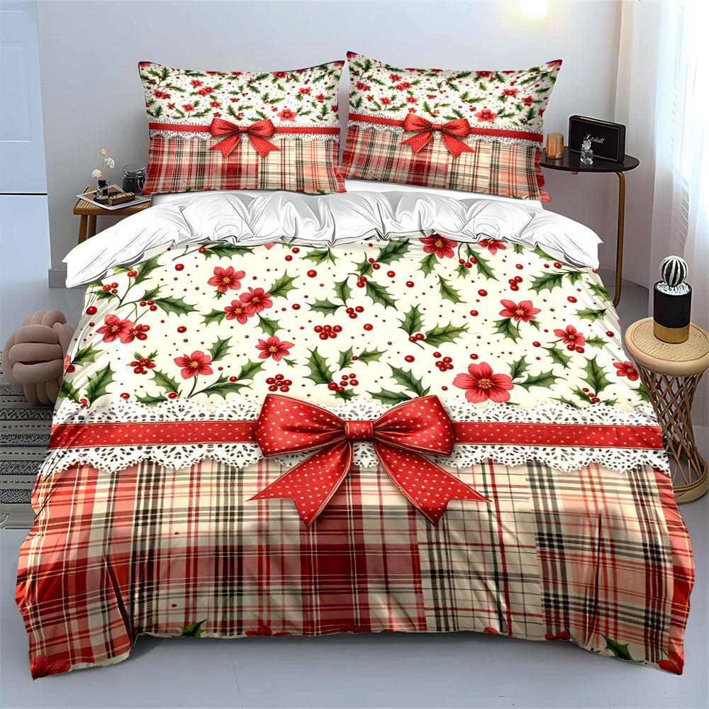 Christmas Plaid Floral Design Bedding Duvet Cover Set Duvet Cover Pillowcases (1*Duvet Cover 2*Pillowcases, without duvet insert)