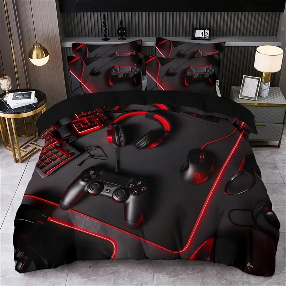 Set cu husă de pilotă pentru pat de gaming, Single, Copii, Controller de joc, Gamer, Moale, Fermoar, Copii, Pat complet, Set de 2 piese, Huse de pilotă și fețe de pernă
