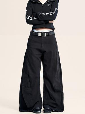 Yongfang Pantalon Décontracté Unisexe Noir à Jambes Larges et Design Déstructuré
