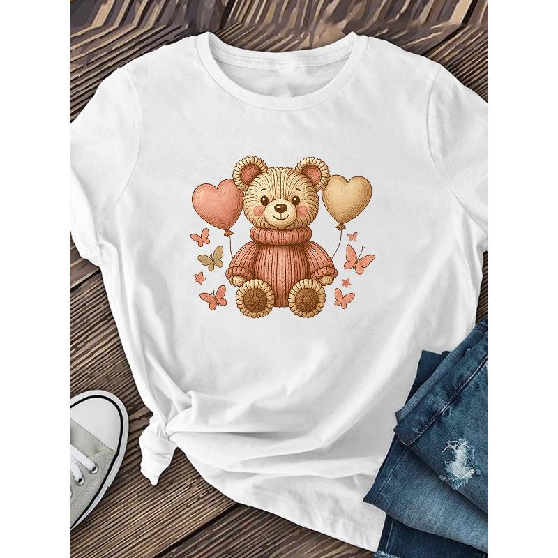 European Size Warm and Cute Retro Plush Teddy Bear Printed T-shirt | Suitable for Daily and Home Wear, Women'S Casual Short Sleeved