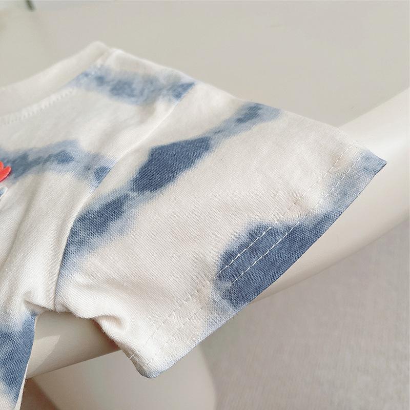 Children's Summer Short Sleeved Set with Korean Striped Printed T-shirt and Soft Denim Shorts Summer Two-piece Set