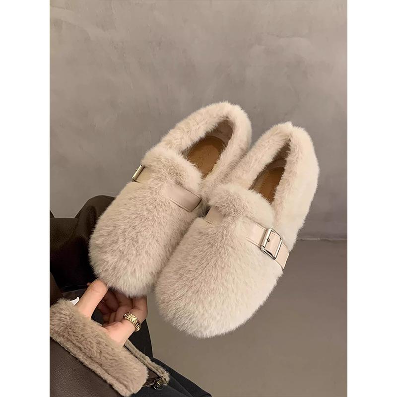 French evening wind belt buckle Mao Mao shoes women's 2025 new versatile and comfortable one-pedal flat-soled Doudou cotton shoes