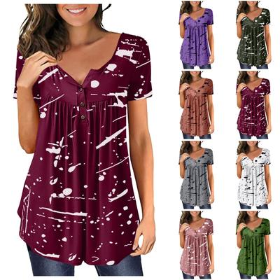 Women's Fashion Casual Printed T-shirt Button Collar Short Sleeve Pullover Top