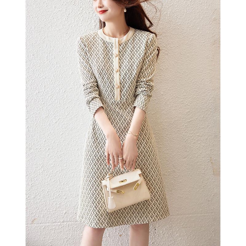 Demana Retro Plaid Round Neck Long Sleeve A-Line Midi Dress