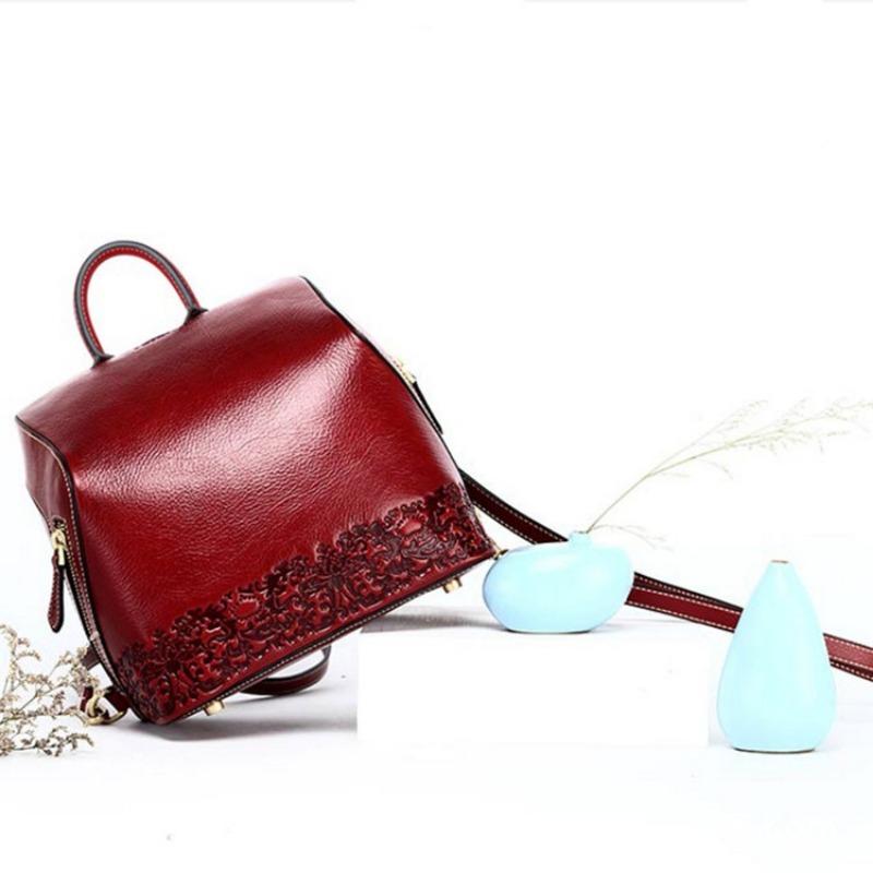 Women's Bag Genuine Leather Women's Bag Vintage Chinese Style Backpack Embossed