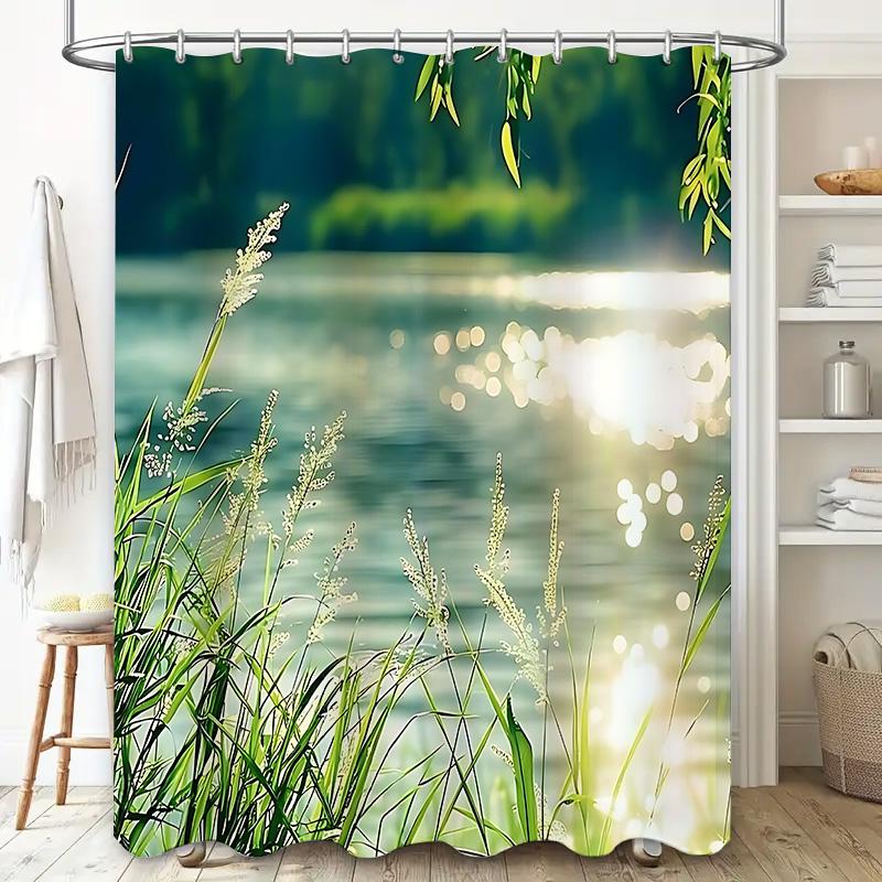 

Nature Inspired Greenery Shower Curtain With Water Reflections Delicate Grasses Soft Light Effects For Tranquil Decor Easy-Clean W60H190(CM)-1 Pcs