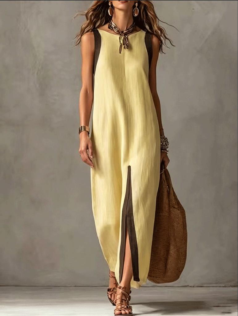 Amazon 2026 cross-border European and American summer new women's casual temperament sleeveless contrasting color split linen dress