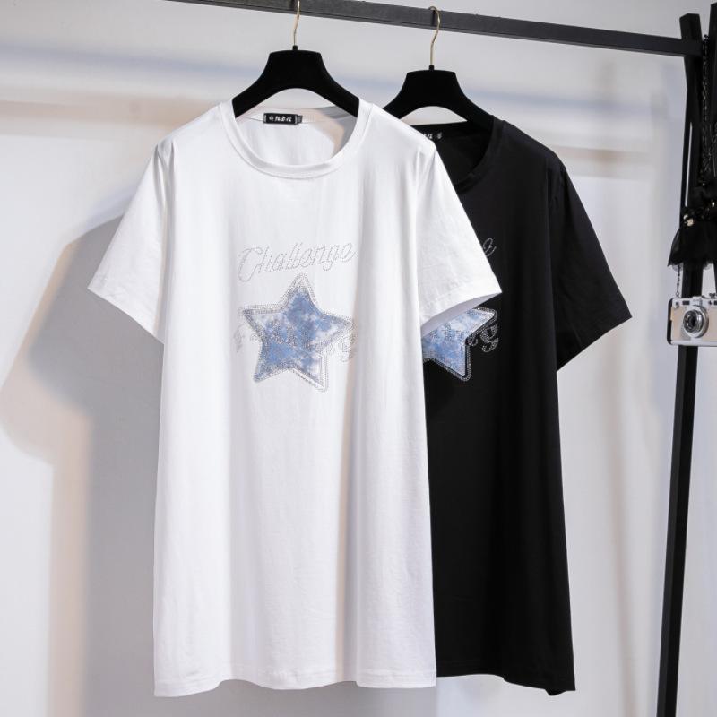 230G Schweres Baumwoll-T-Shirt Damen Strassstern Kurzarm Große Größen Basic Sommer Oberteile