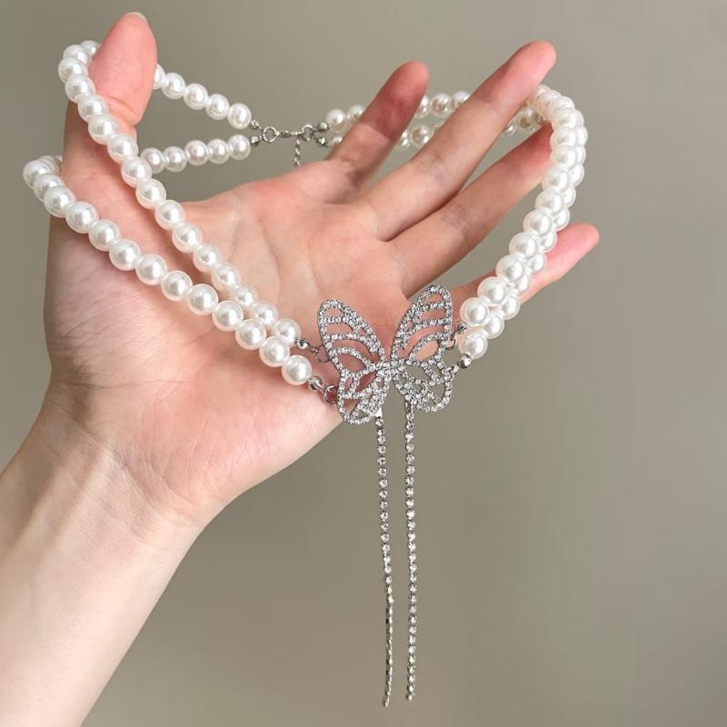 Elegant Imitation Pearl Pendant Choker Necklace, Crystal Flower Butterfly Layered Neck Chain, Victorian Style Clavicle Necklace for Women